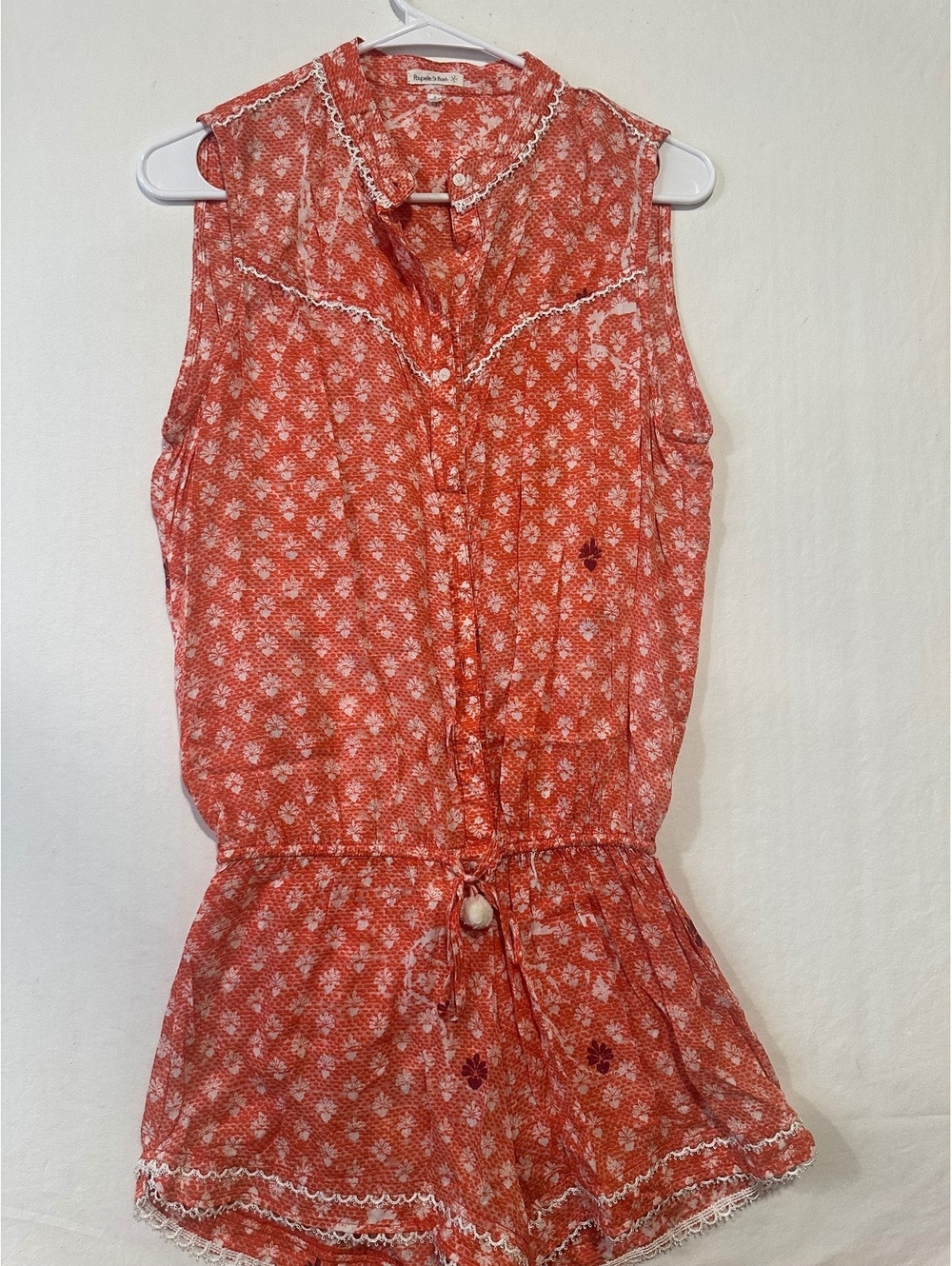 Poupette St Barth Sasha Short Romper Coral Orange Floral V Neck Crochet Trim, S